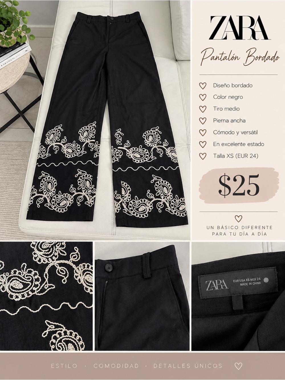 ZARA Black Wide-Leg Chinos with White Embroidery